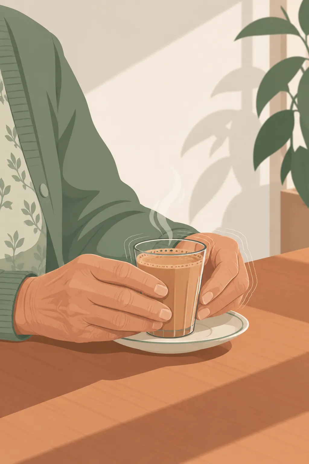 Illustration: an older person's hands around a small glass of tea, slightly unsteady.
