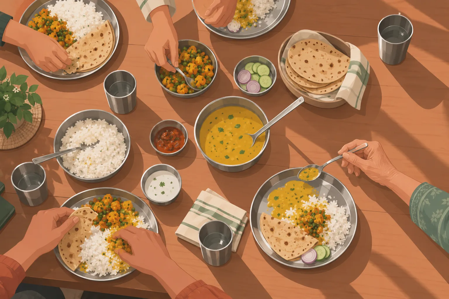 Illustration: a family meal around a table, seen from above. One older person's hand holds a spoon, apart from the others.