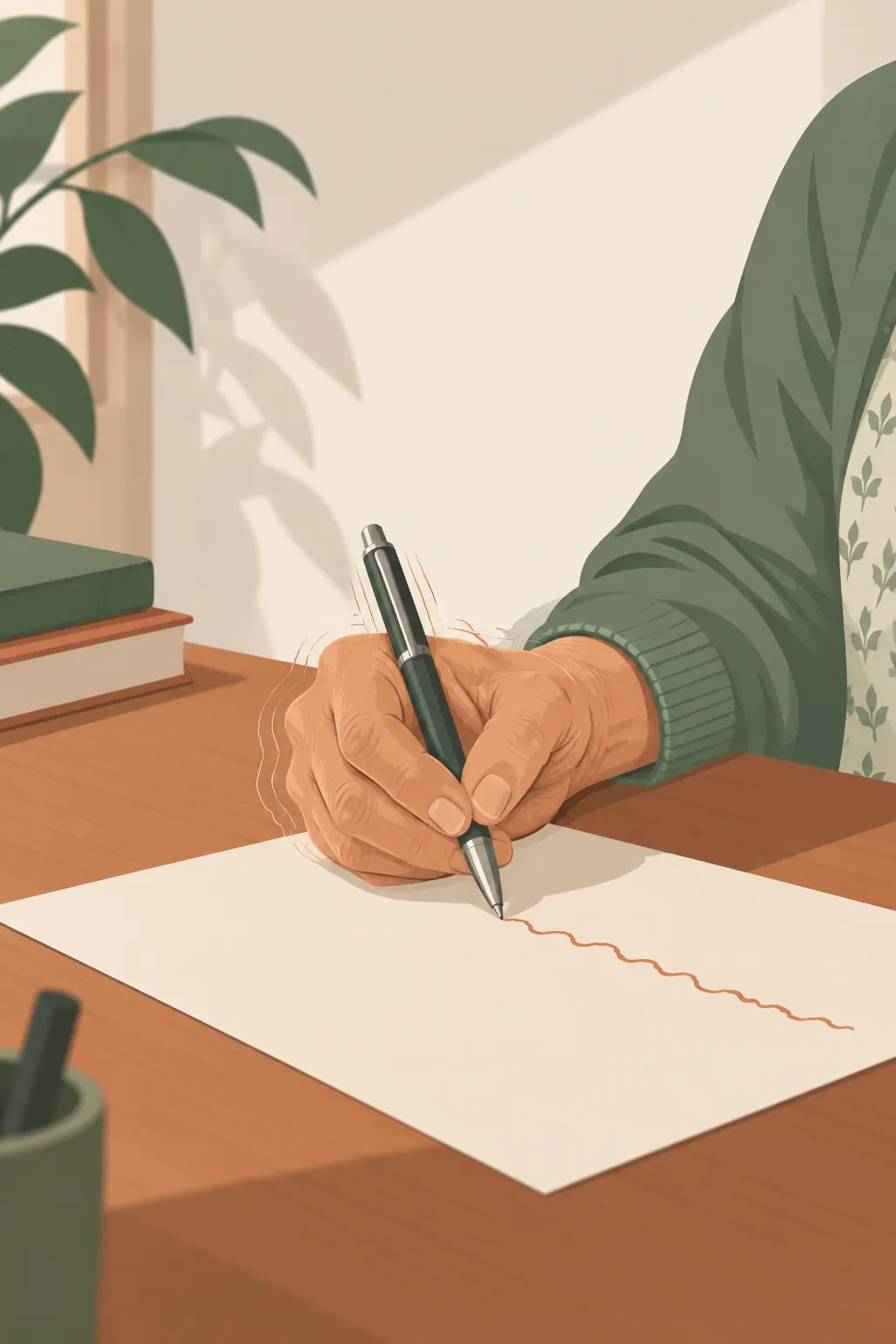 Illustration: a hand about to write on a sheet of paper, the ink line wobbling.